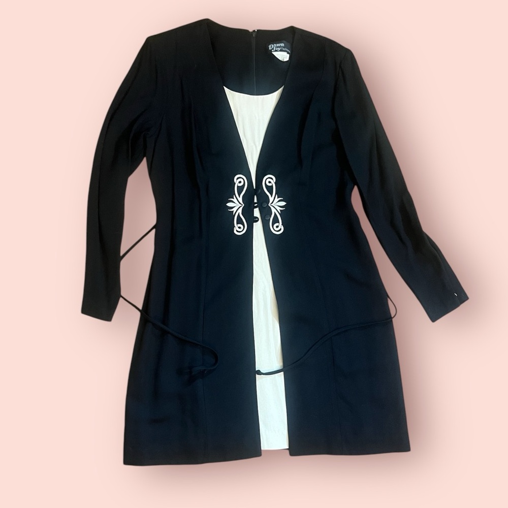 Vintage Black and White Embroidered Dress With Open Jacket